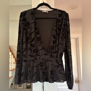 ANTHROPOLOGIE WRAP BLOUSE - Black with black velvet floral details - Size Large